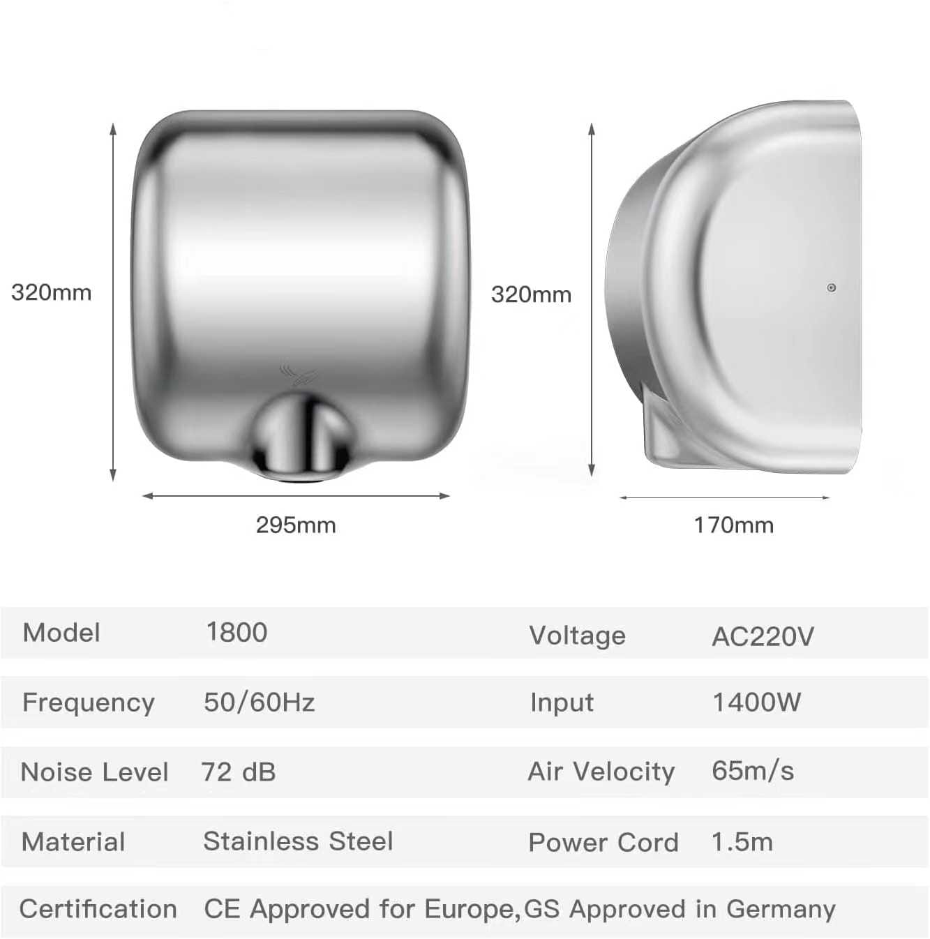 1800 Bathroom Electric Stainless Steel Hand Dryer - Image 3